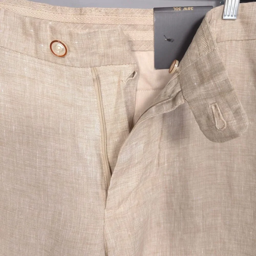 Tasso Elba 100% Linen Pants Khaki 38W 30L Casual Dress Flat Front‎ Lightweight